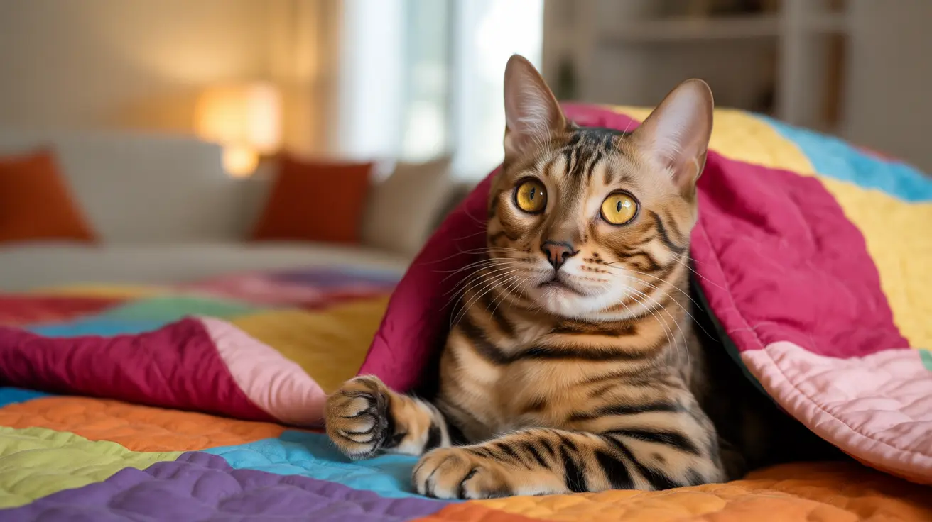 A Bengal cat lounging comfortably on a colorful patchwork quilt, looking alert and regal