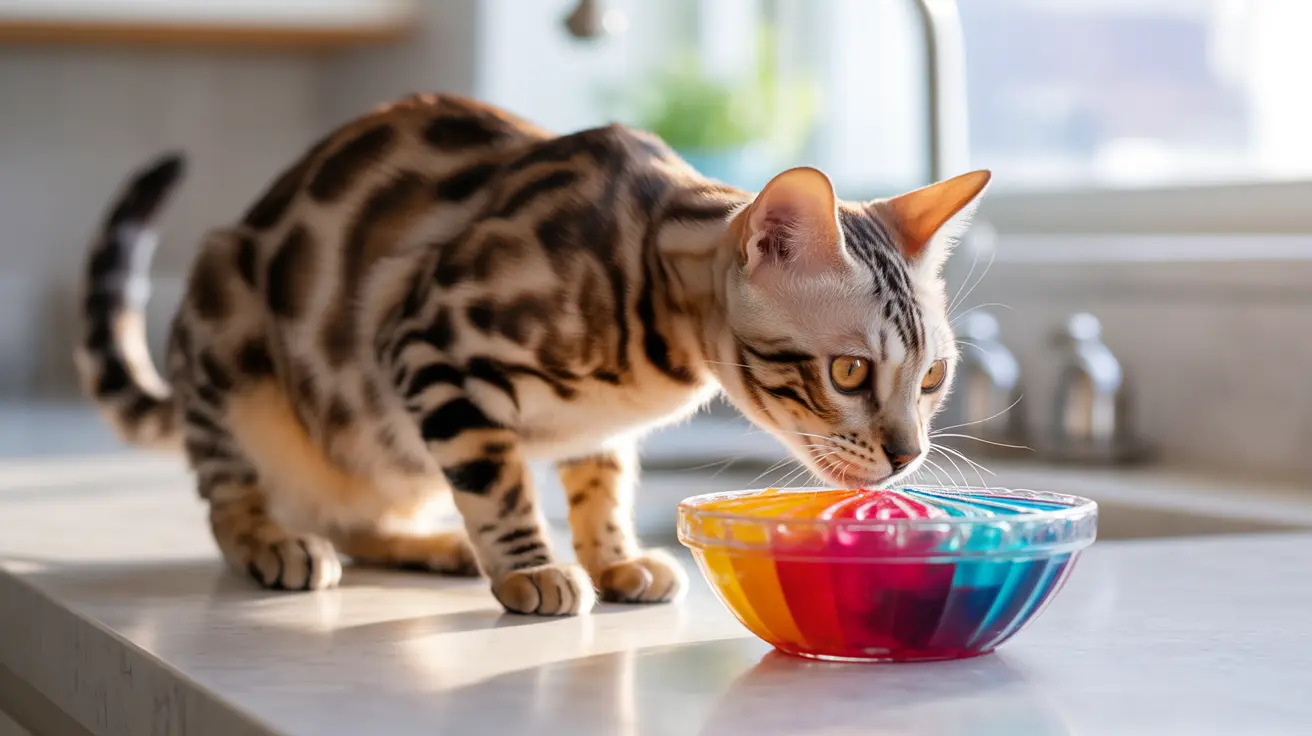 A Bengal cat examining a colorful rainbow-hued bowl of liquid on a kitchen counter