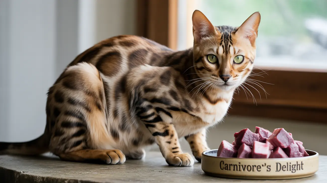 A Bengal cat sitting near a bowl of raw meat cubes labeled 'Carnivore's Delight'