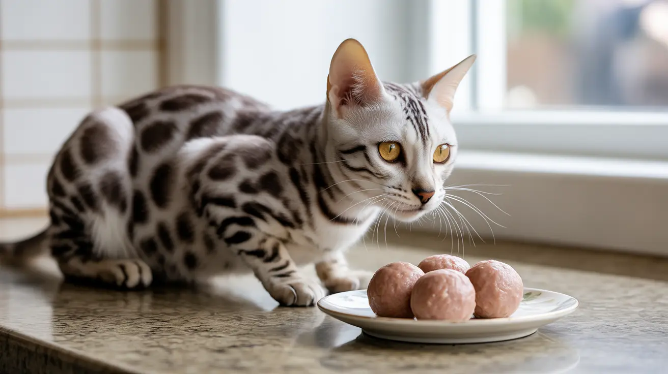 A silver and black spotted Bengal cat sitting near a plate of raw meat balls by a window