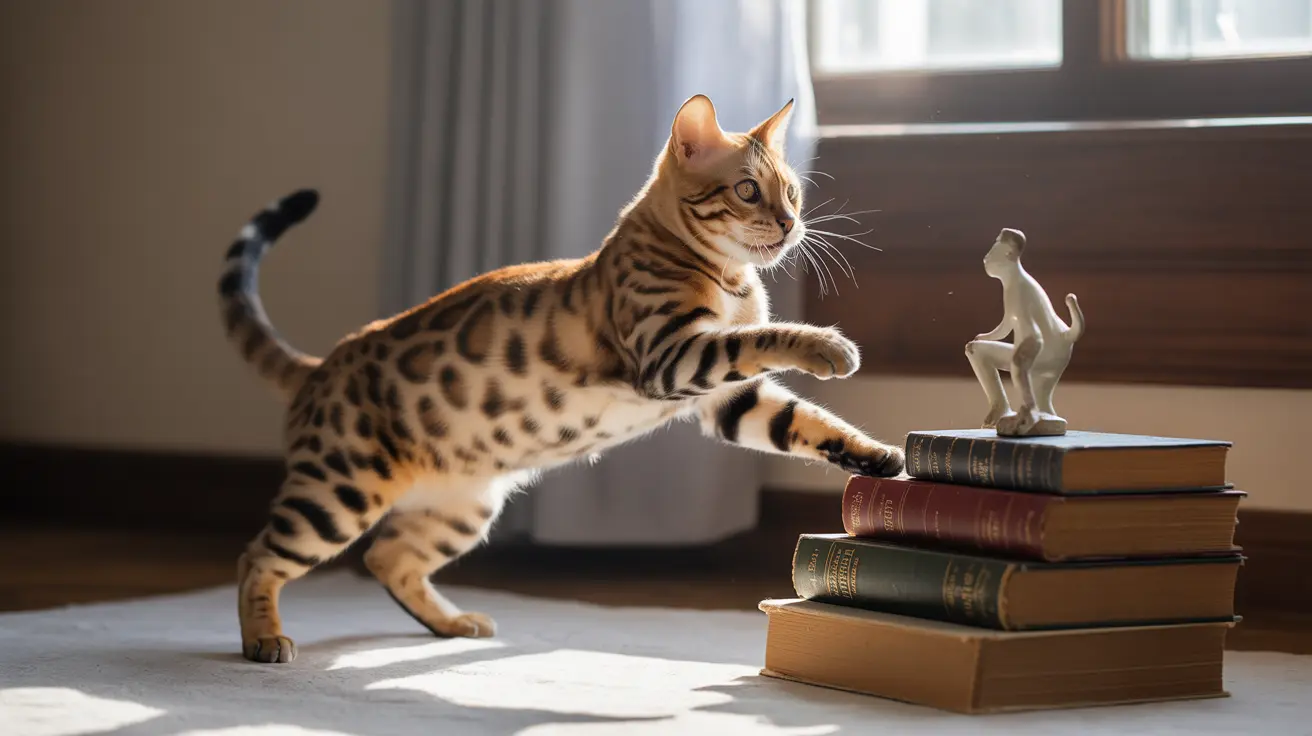 Bengal cat reaching towards a figurine on a stack of books by a sunlit window