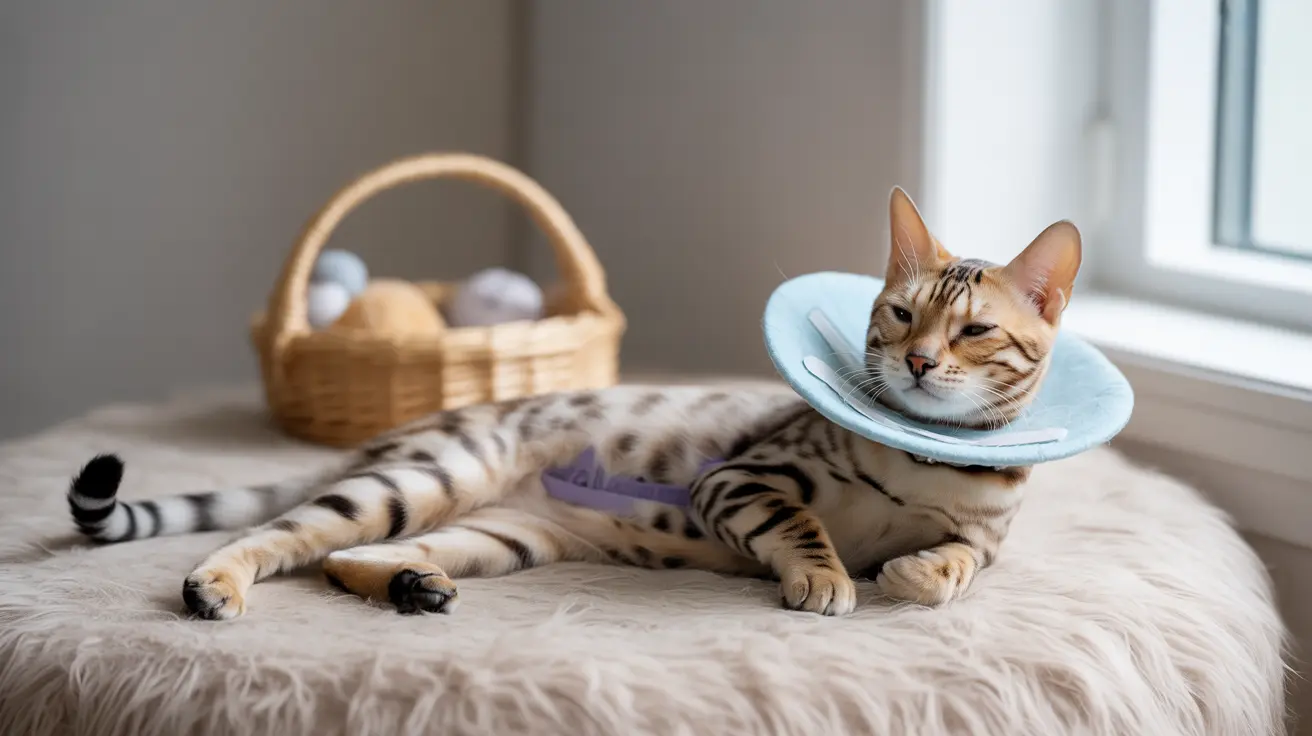A Bengal cat wearing a light blue recovery cone, resting on a soft white furry surface near a window