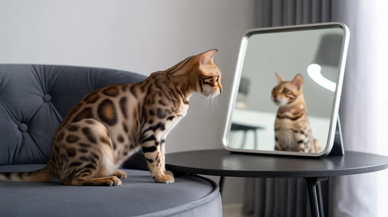 グレーのソファに座って、小さな黒いサイドテーブルの鏡に映る自分の姿を見つめているベンガル猫