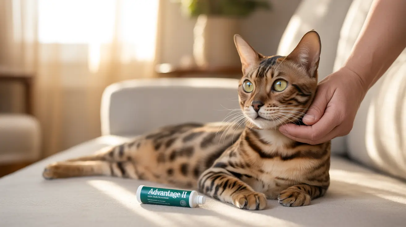 A Bengal cat relaxing on a couch with a person's hand gently petting its head, with an Advantage II flea treatment product nearby.