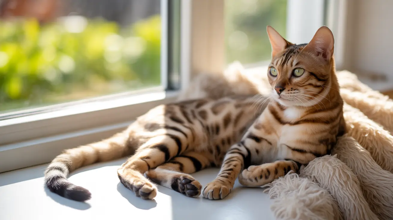 Bengal cat relaxing on a cozy blanket near a sunny window indoors