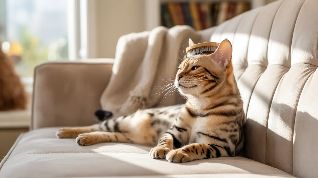 A Bengal cat resting comfortably on a light-colored couch with a soft blanket nearby.