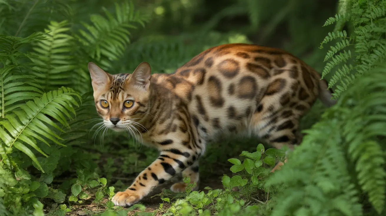 Un gato bengalí con pelaje manchado similar al de un leopardo descansa entre helechos verdes y follaje.