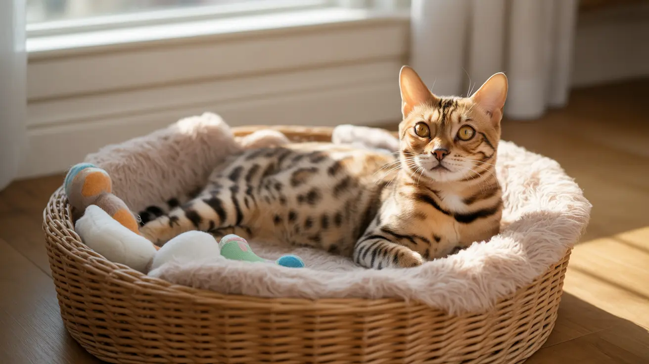 A Bengal cat resting comfortably in a soft, wicker basket bed near a window.