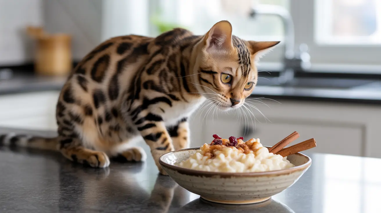 A Bengal cat looking intently at a bowl of rice pudding with cinnamon sticks and dried fruits