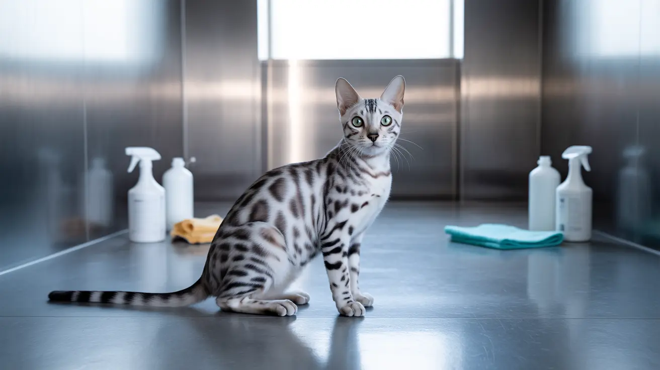 A silver and white Bengal cat sitting alertly on a stainless steel surface in a clean, sterile environment