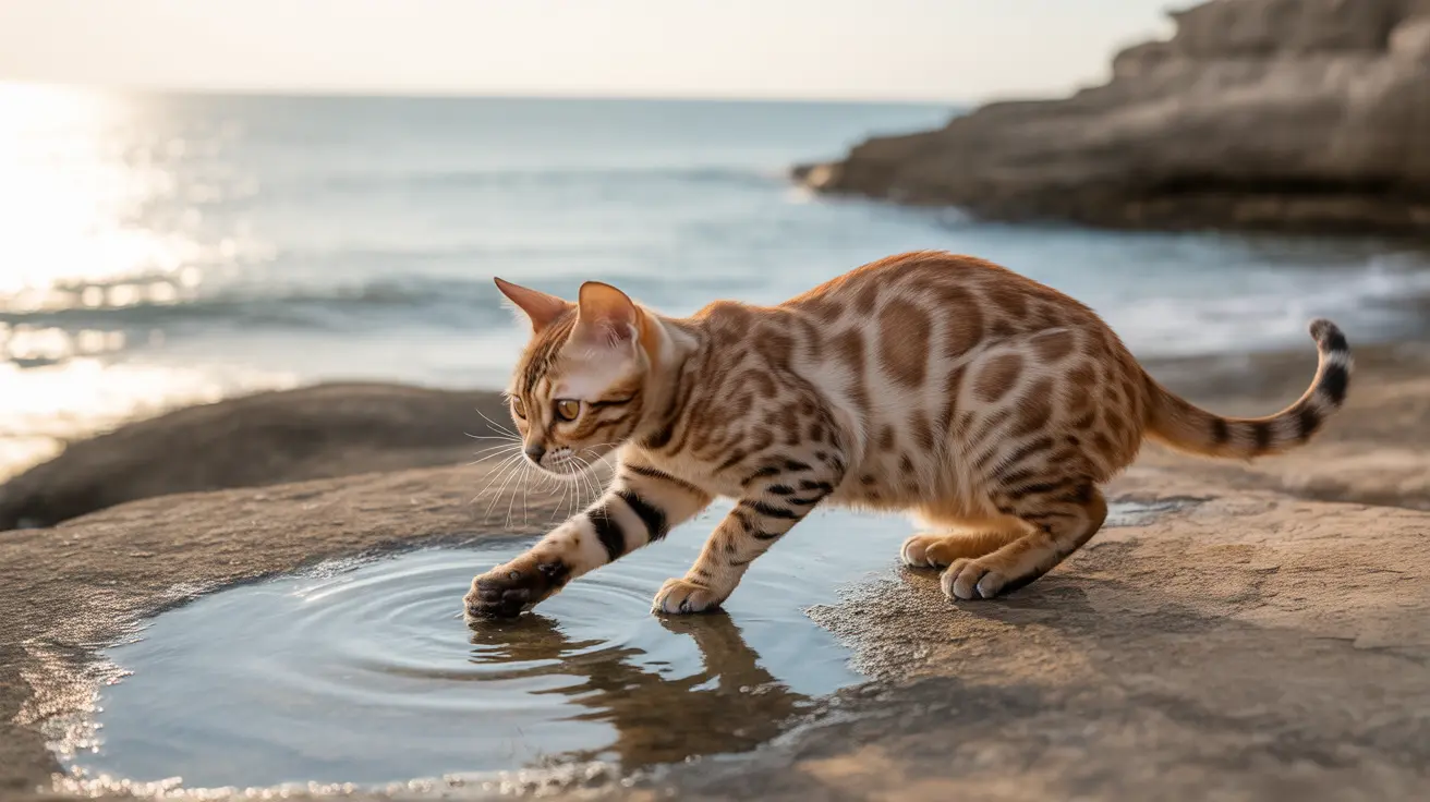 ベンガル猫が岩が多い海岸を探索し、前足で水に触れている様子