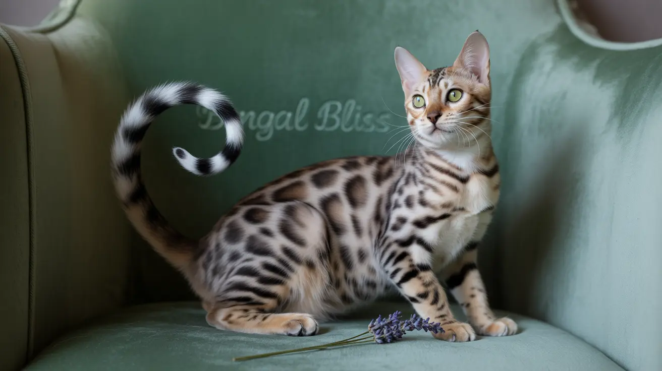 A stunning Bengal cat sitting on a sage green chair with a lavender sprig nearby