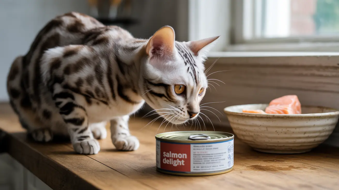A Bengal cat examining a can of salmon cat food on a wooden surface