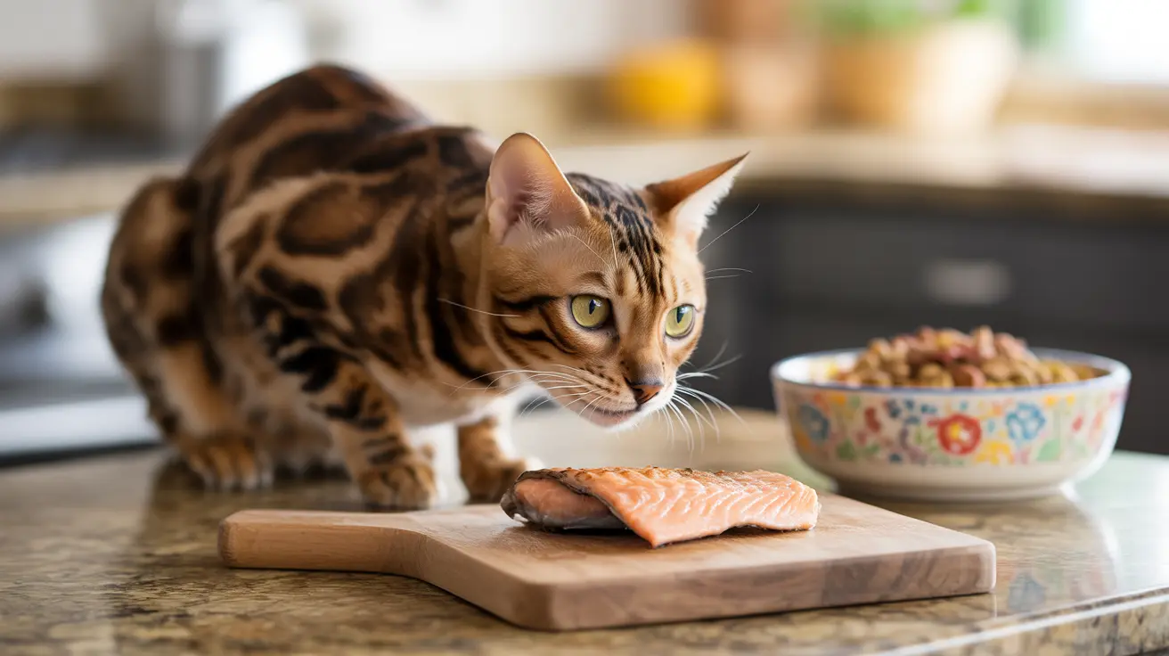 A Bengal cat intently looking at a piece of salmon on a wooden cutting board in a kitchen setting