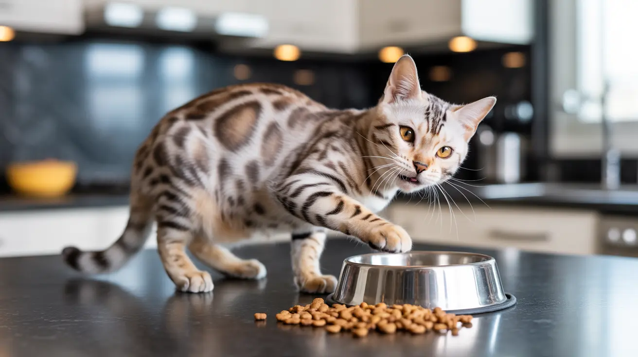A Bengal cat standing near its food bowl with scattered dry cat food on a kitchen counter