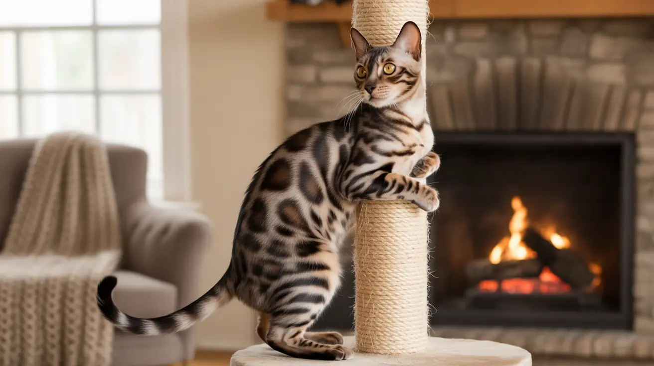 A Bengal cat perched on a scratching post near a warm fireplace, displaying its leopard-like spotted coat.