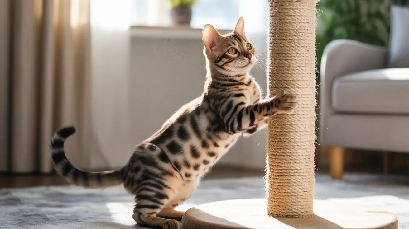 A Bengal cat stretching and clinging to a scratching post in a bright, modern living room