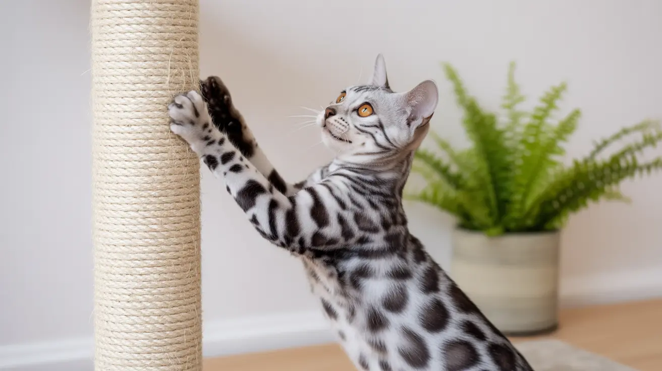 A silver and black spotted Bengal cat stretching up to scratch a beige sisal rope scratching post