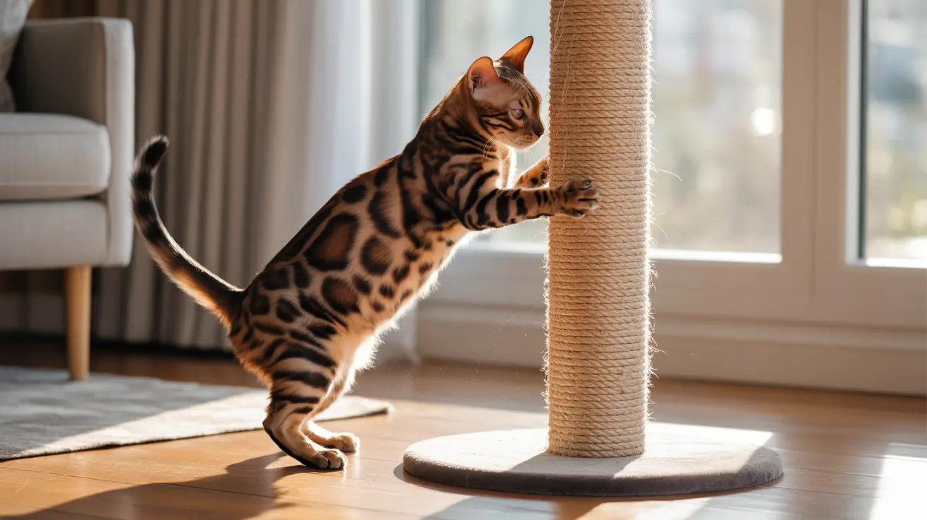 A Bengal cat stretching up to scratch a sisal-covered scratching post near a window