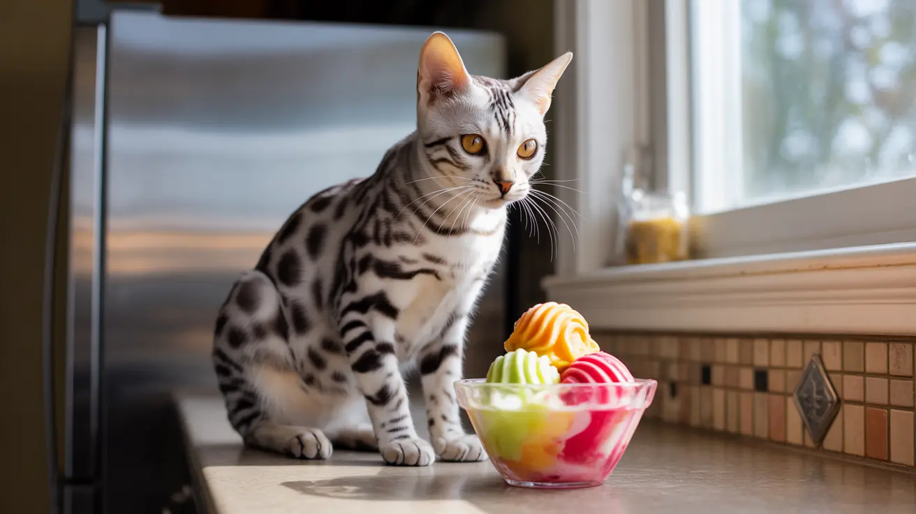 Un gato Bengalí sentado junto a un cuenco colorido que parece contener hielo raspado o sorbete cerca de una ventana de la cocina