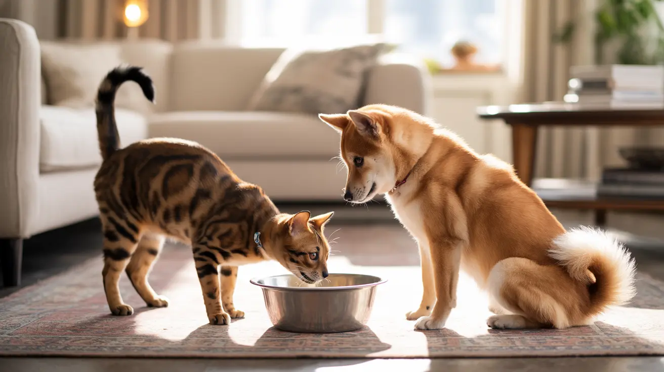 A Bengal cat and Shiba Inu dog sharing a metal food bowl in a cozy living room
