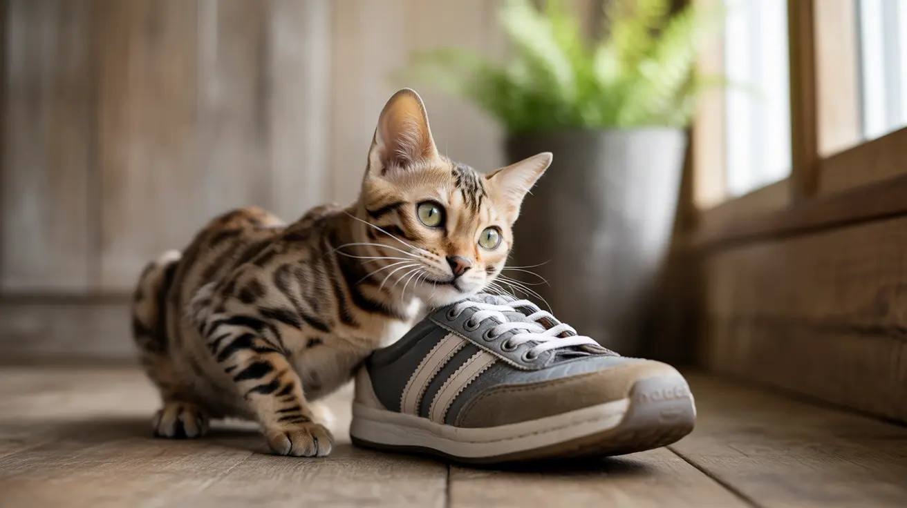 A Bengal cat sitting next to a gray and white striped sneaker on a wooden floor