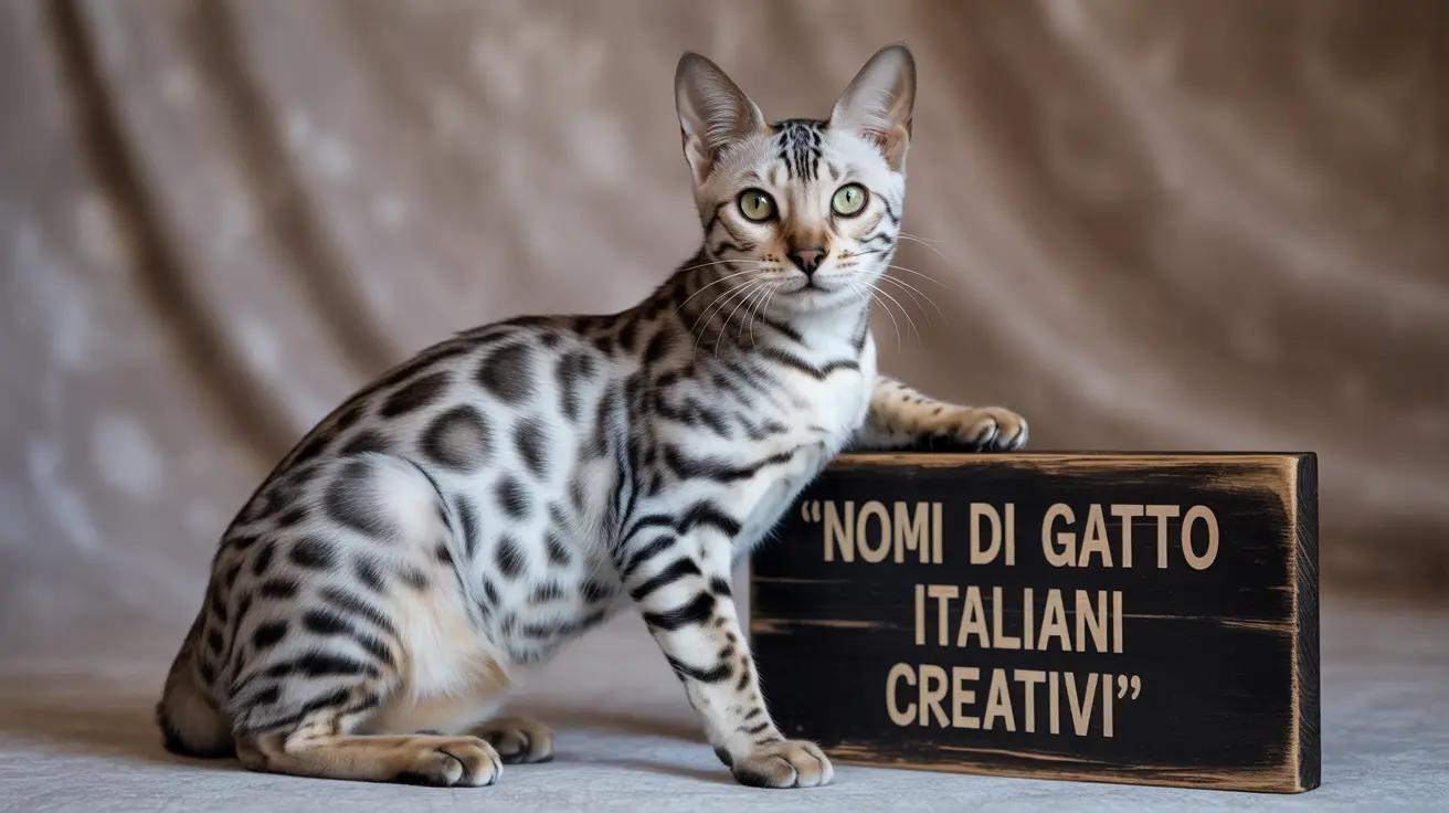 A stunning Bengal cat with silver and black spotted fur next to an Italian wooden sign