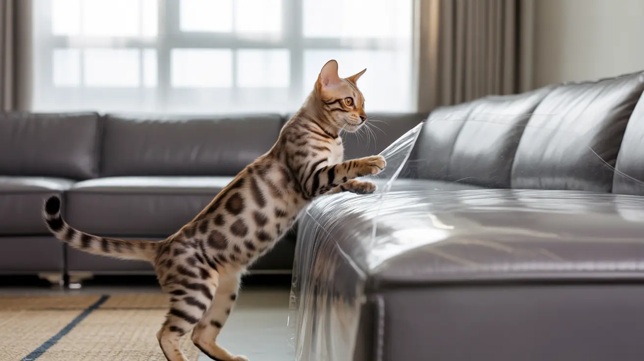 A Bengal cat standing upright and reaching towards a silver leather couch in a modern living room.