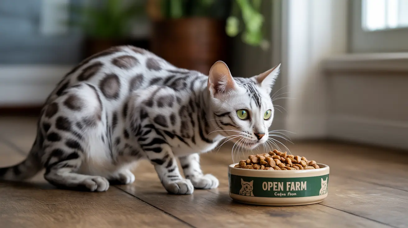Silver and white Bengal cat sitting next to a bowl of dry cat food