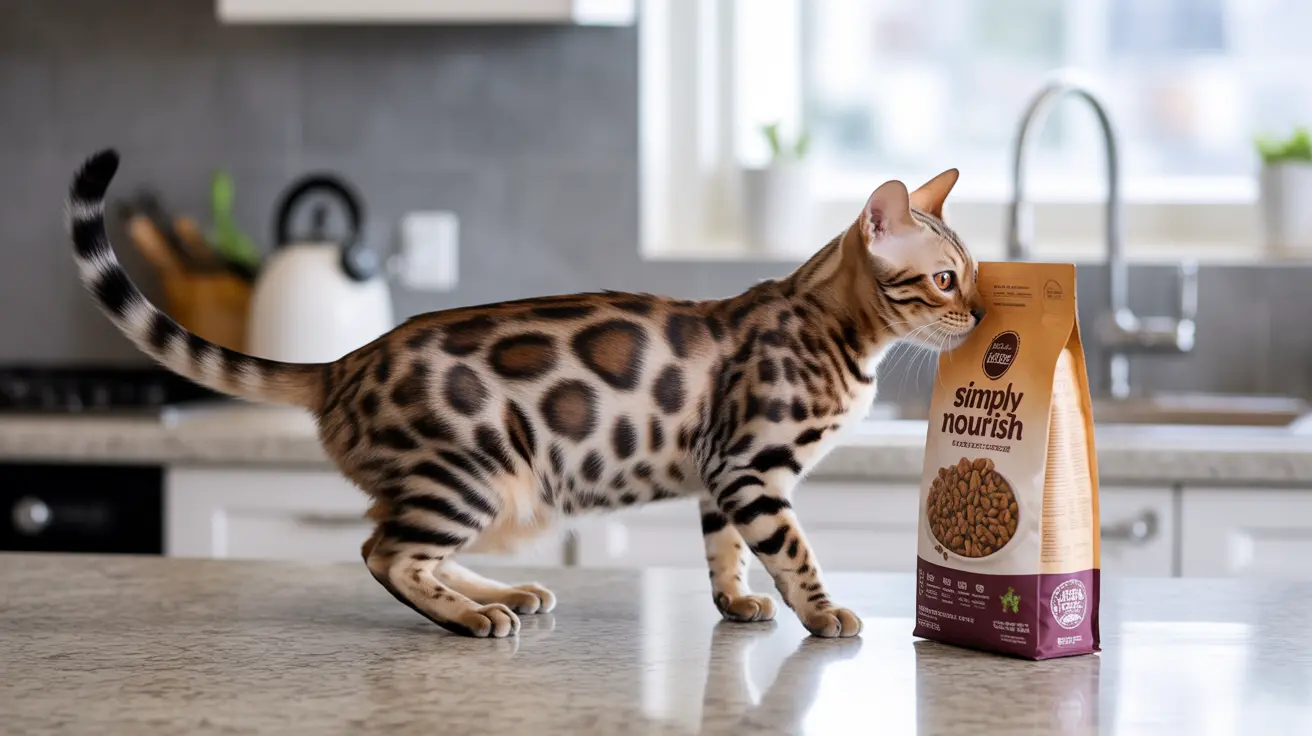 A Bengal cat standing on a kitchen countertop next to a bag of Simply Nourish cat food