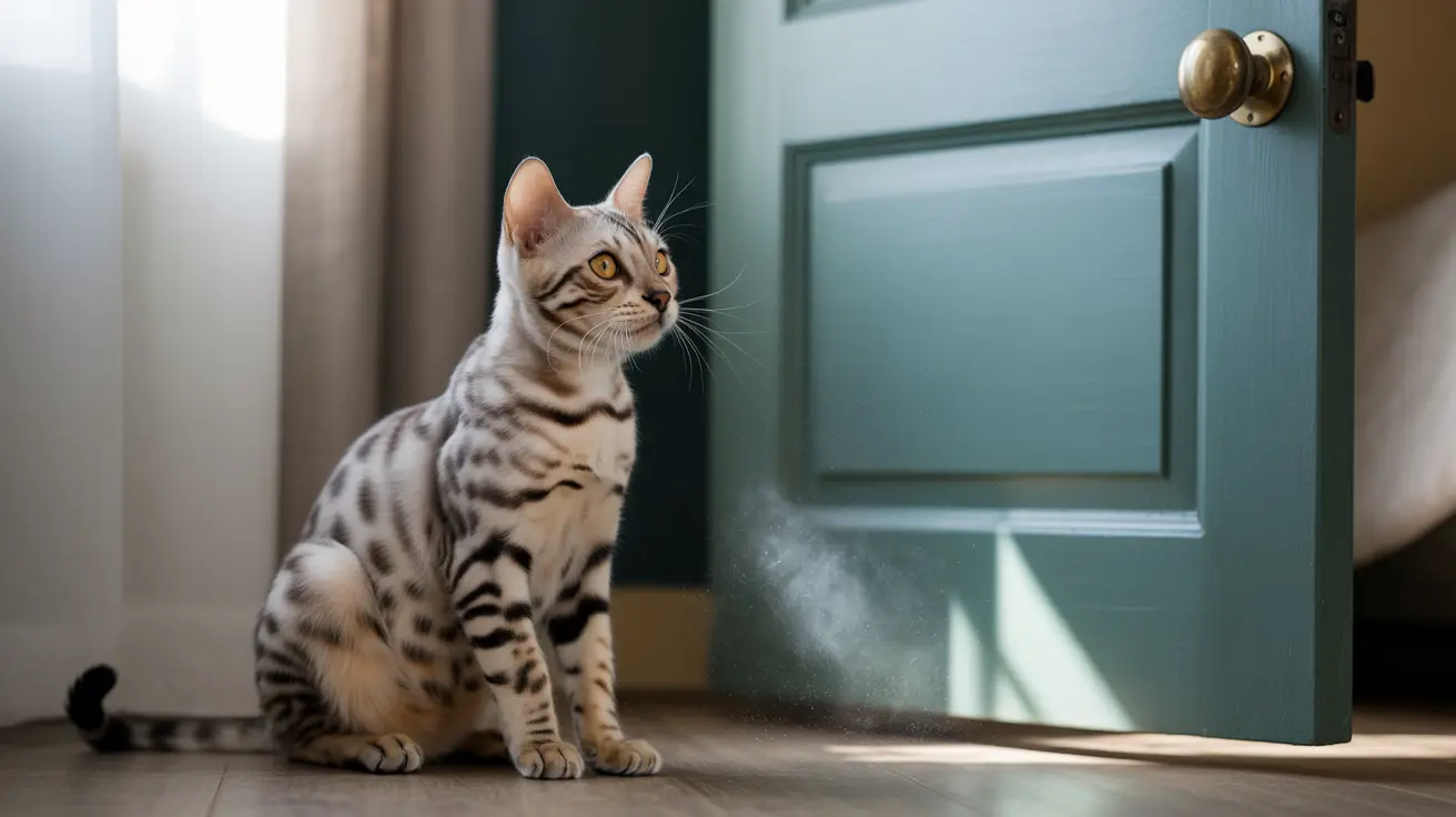 Um gato Bengal prateado e preto com manchas sentado atentamente ao lado de uma porta azul-esverdeada com uma maçaneta de latão
