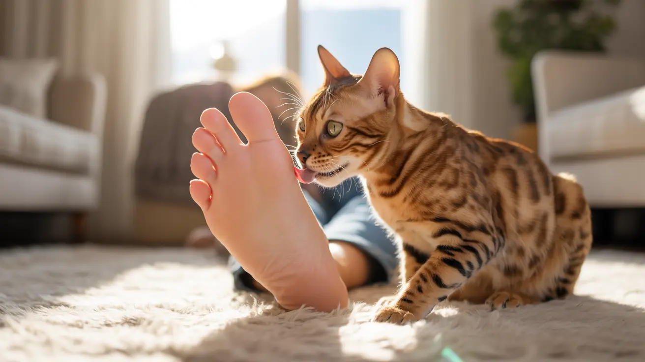 A Bengal cat sitting near a human foot on a soft carpet in a sunlit living room