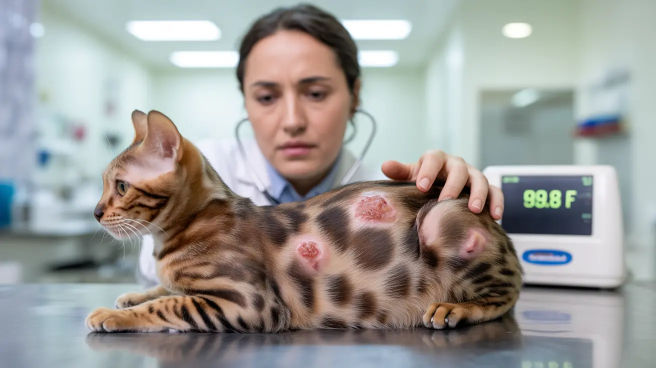 A Bengal cat with visible skin lesions being examined by a veterinarian in a clinical setting