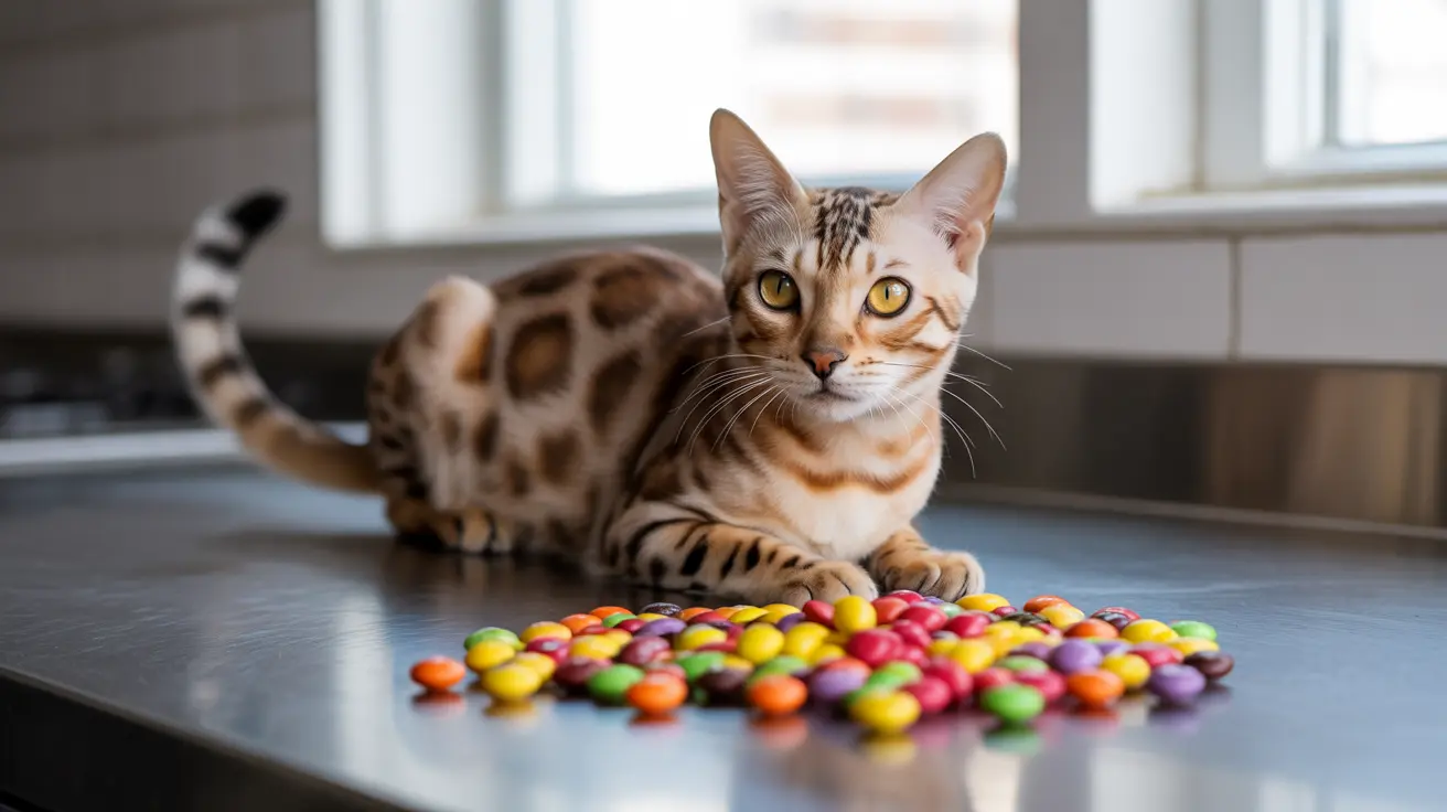 Un gato bengalí sentado al lado de un colorido montón de caramelos Skittles en una encimera de cocina
