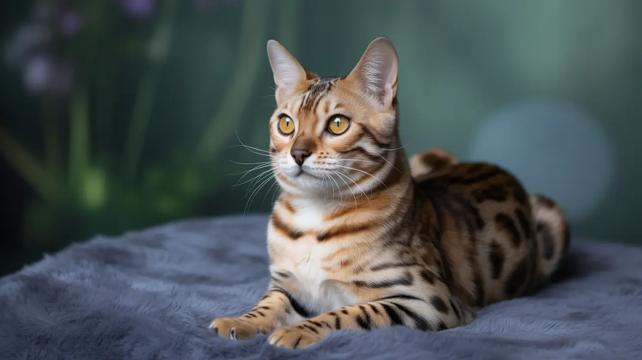 A stunning Bengal cat sitting elegantly on a soft gray blanket with a blurred green background