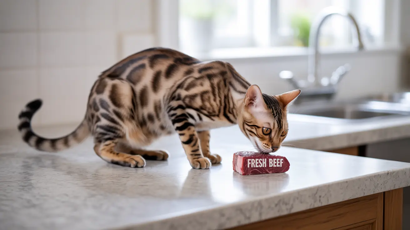 A Bengal cat sniffing a package of fresh beef on a kitchen countertop