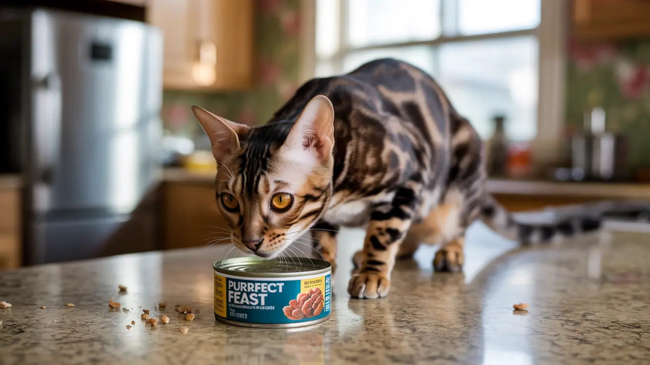 A Bengal cat sniffing a can of Purrfect Feast cat food on a kitchen countertop