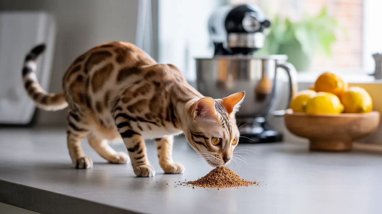 A Bengal cat sniffing a pile of granular food on a kitchen countertop