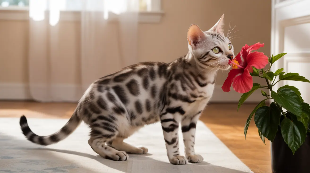 A silver and black spotted Bengal cat sniffing a bright red hibiscus flower indoors