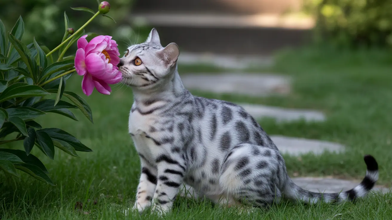 A silver and gray Bengal cat sitting on grass, curiously sniffing a vibrant pink peony flower