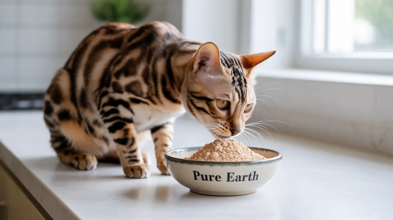 A Bengal cat sniffing a bowl of powdery substance labeled 'Pure Earth'
