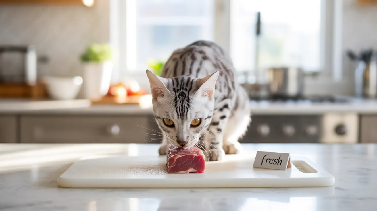 A Bengal cat sniffing a fresh piece of raw meat on a cutting board in a modern kitchen
