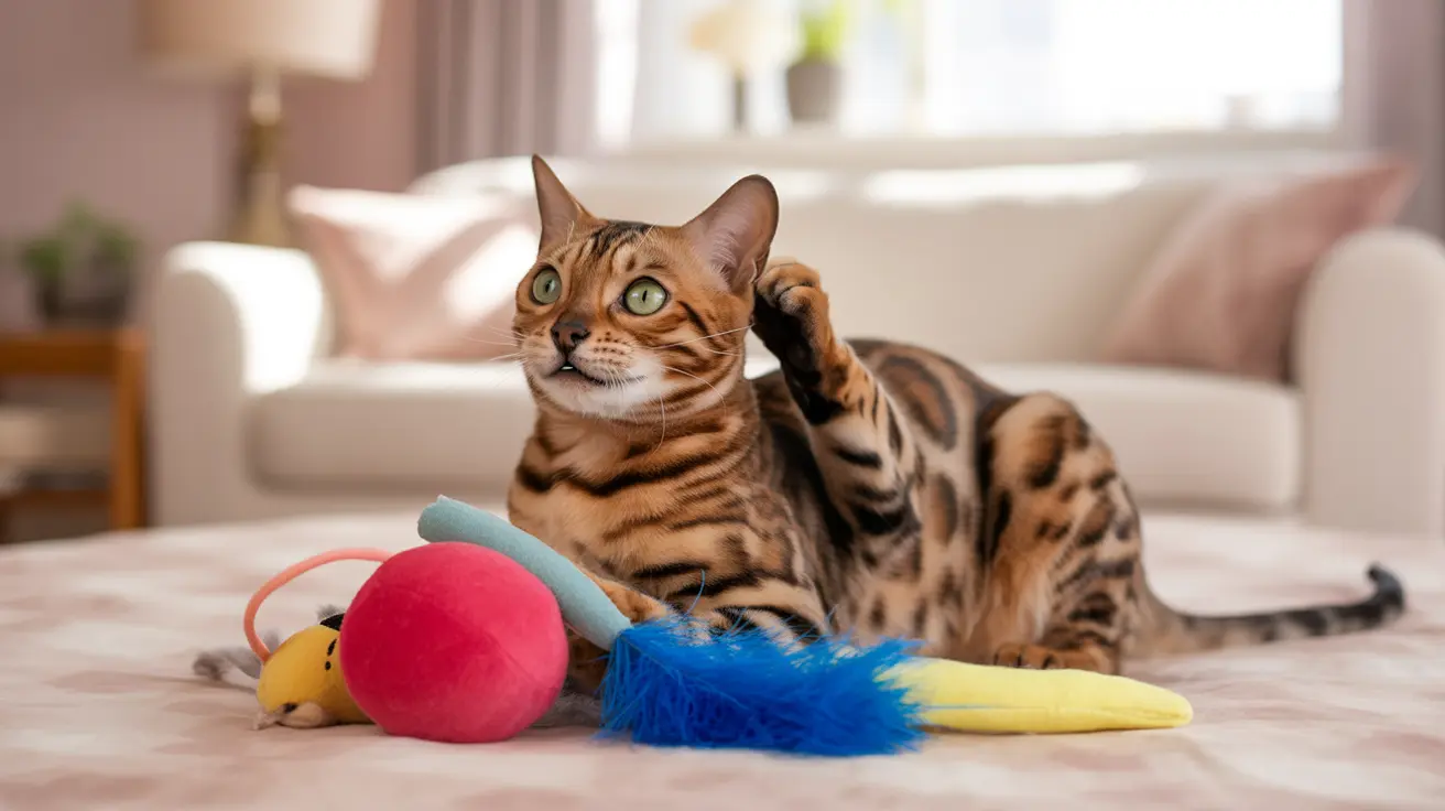 A Bengal cat sitting on a soft bed with colorful cat toys around it