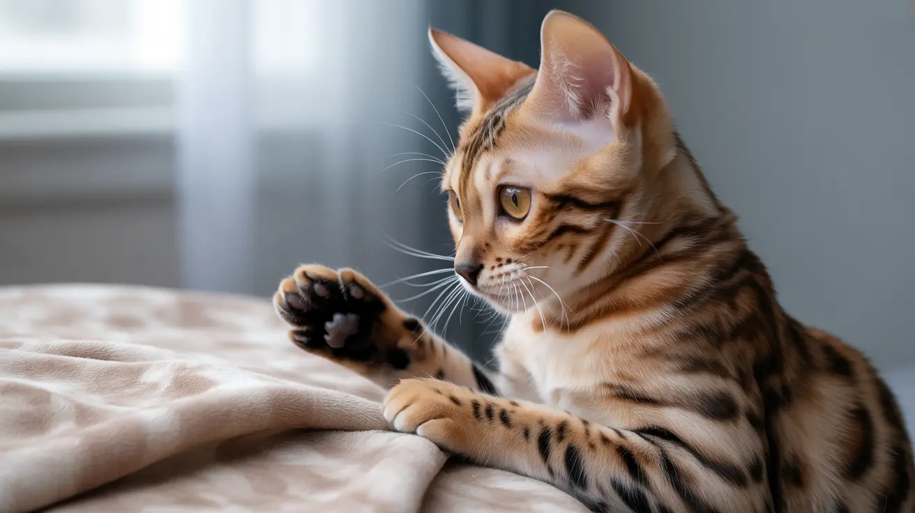 Bengal cat sitting on a soft blanket with a contemplative expression