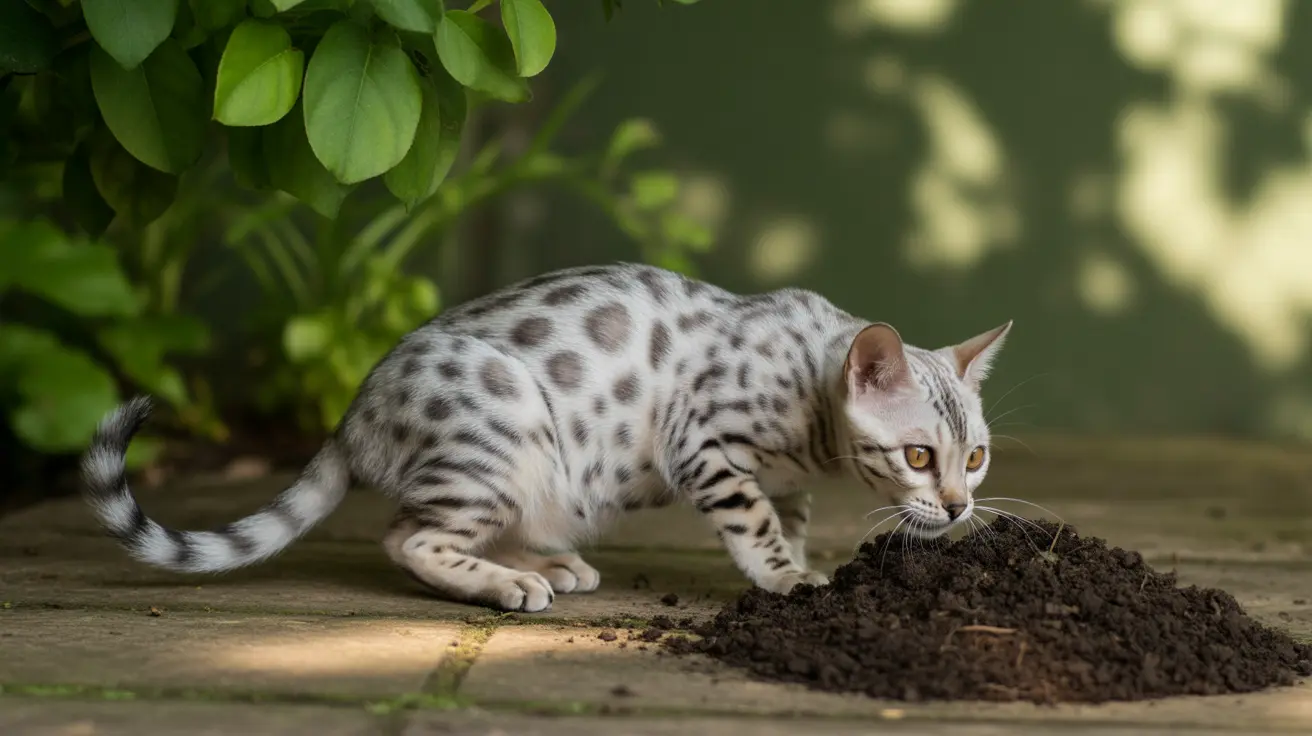 A silver and white spotted Bengal cat investigating soil near green plants