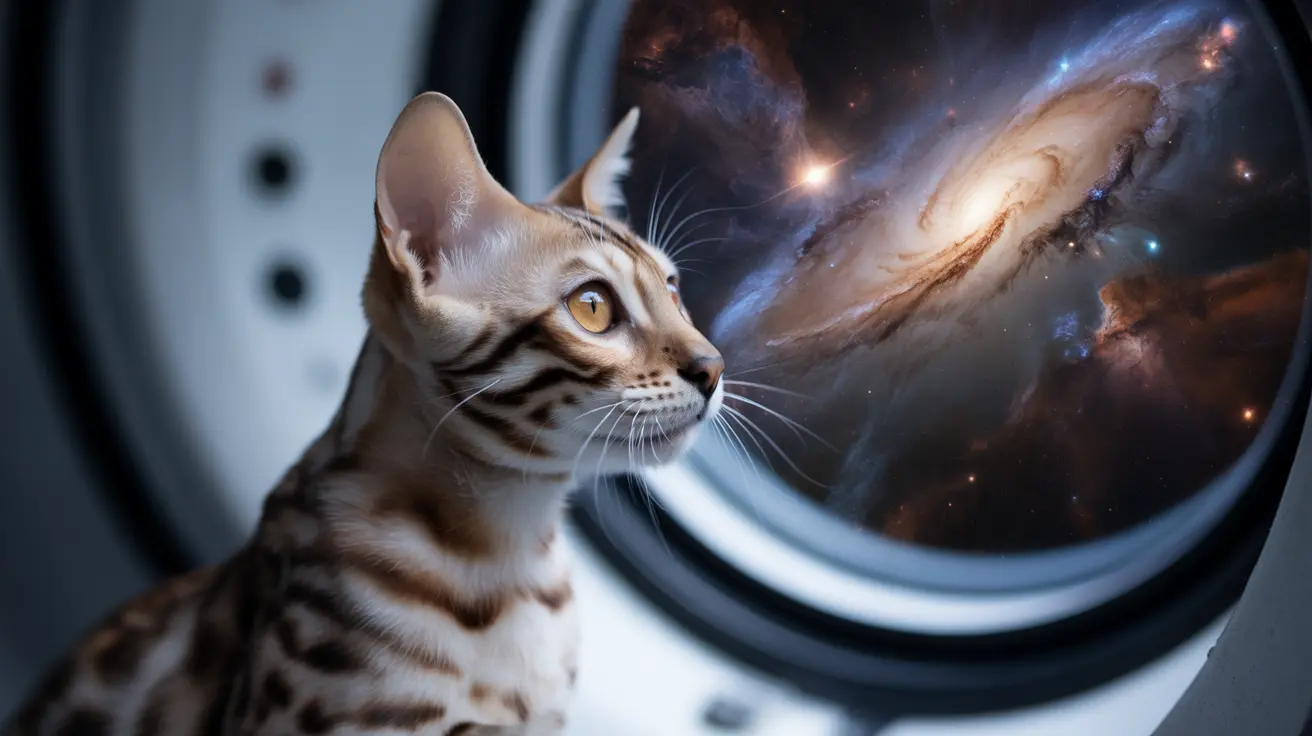 A Bengal cat gazing out of a spacecraft window with a stunning galaxy view
