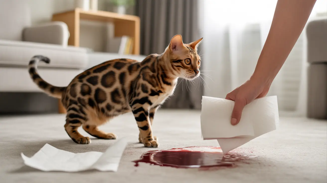 Bengal cat near spilled red liquid on carpet with hand cleaning it
