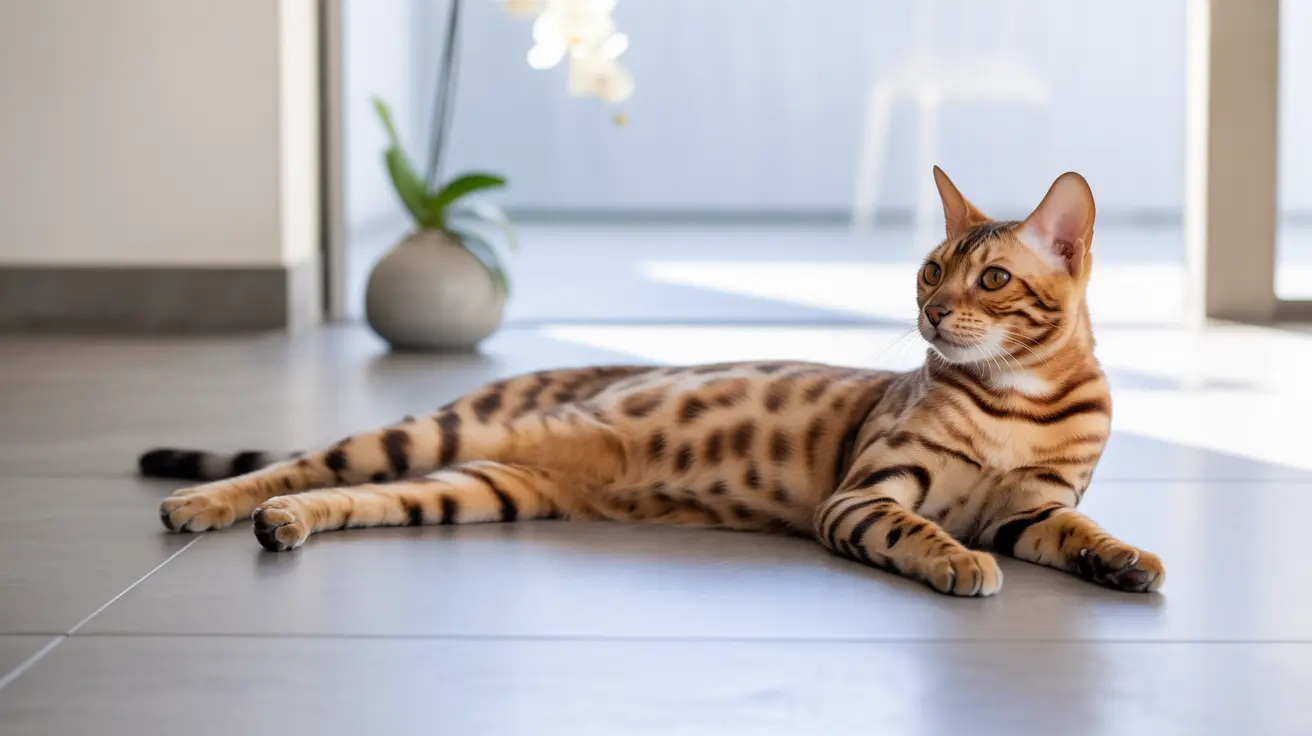 Un gato bengalí con manchas y rayas similares a las de un leopardo descansa en un suelo limpio y claro cerca de una ventana.