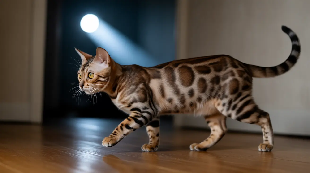 A Bengal cat walking across a wooden floor with dramatic lighting from a spotlight