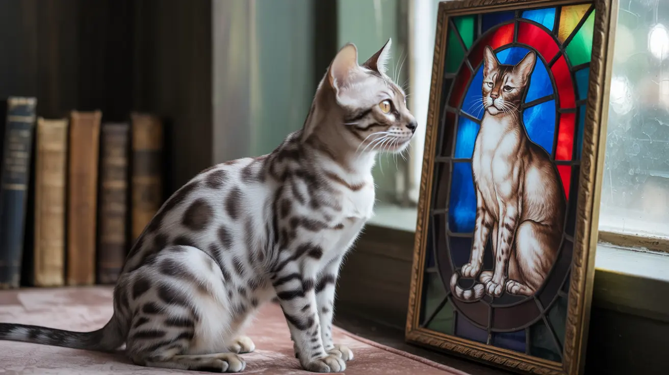 Un chat Bengal assis à côté d'un miroir en vitrail, regardant de manière contemplative sur le côté.